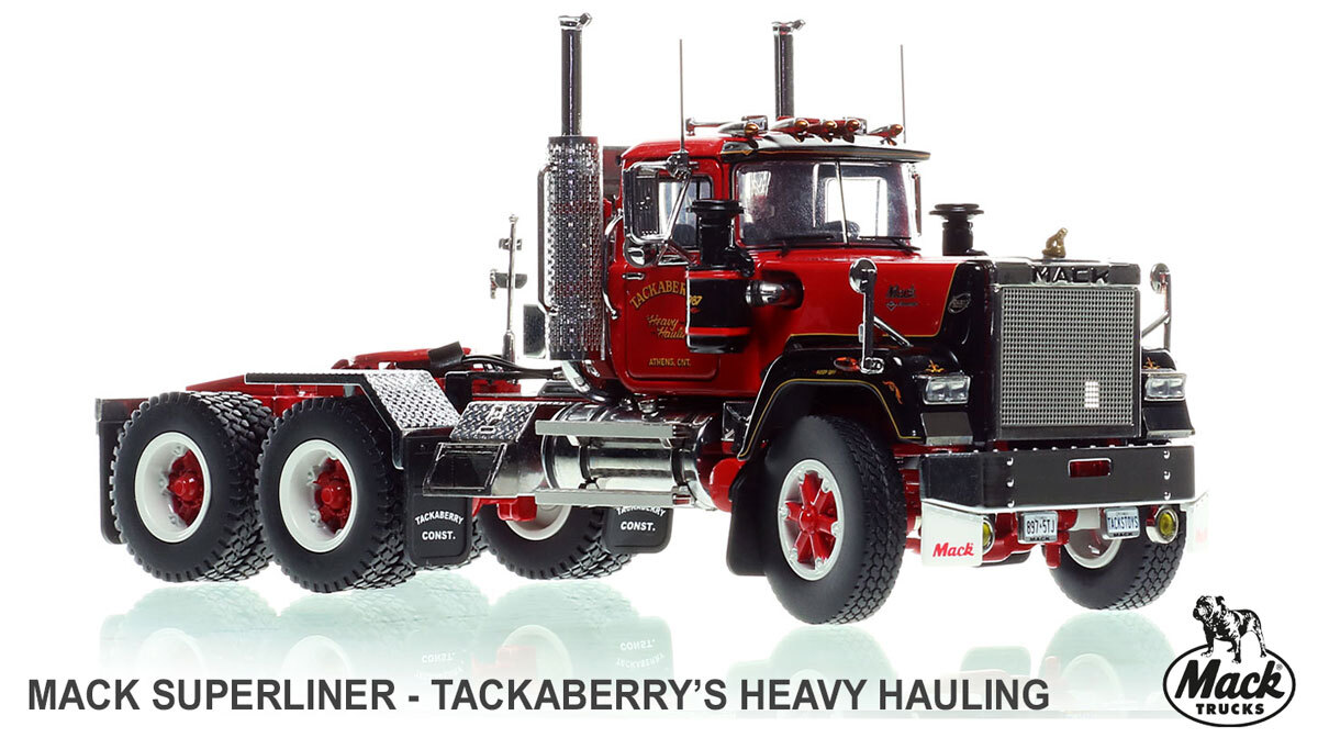 1:50 scale diecast model of Tackaberry's Heavy Hauling 1987 Mack Superliner Tandem Axle Tractor