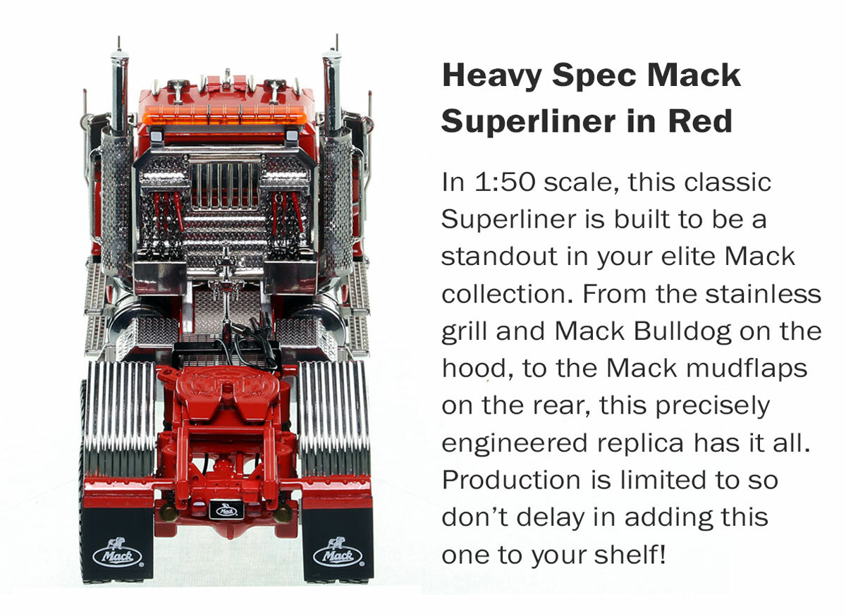 Mack Superliner Heavy Spec Tandem Axle Tractor - Red over Red Dimensions