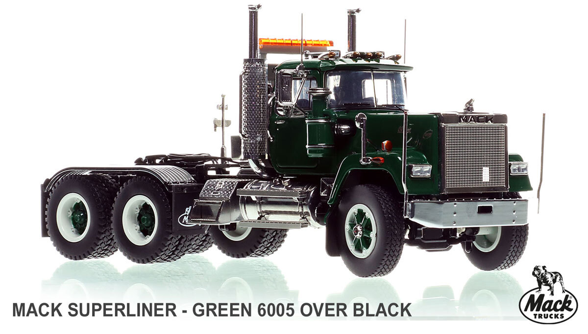 1:50 scale diecast model of  Mack Superliner Heavy Spec Tandem Axle Tractor - Green over Black