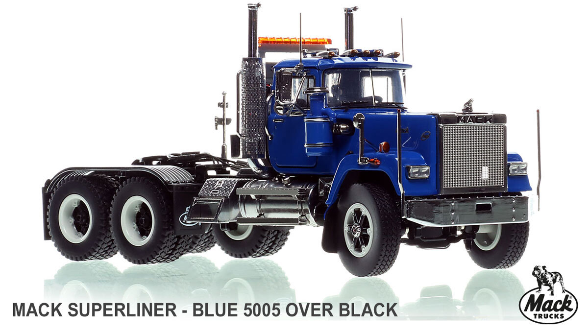 1:50 scale model of Mack Superliner Heavy Spec Tandem Axle Tractor - Blue over Black