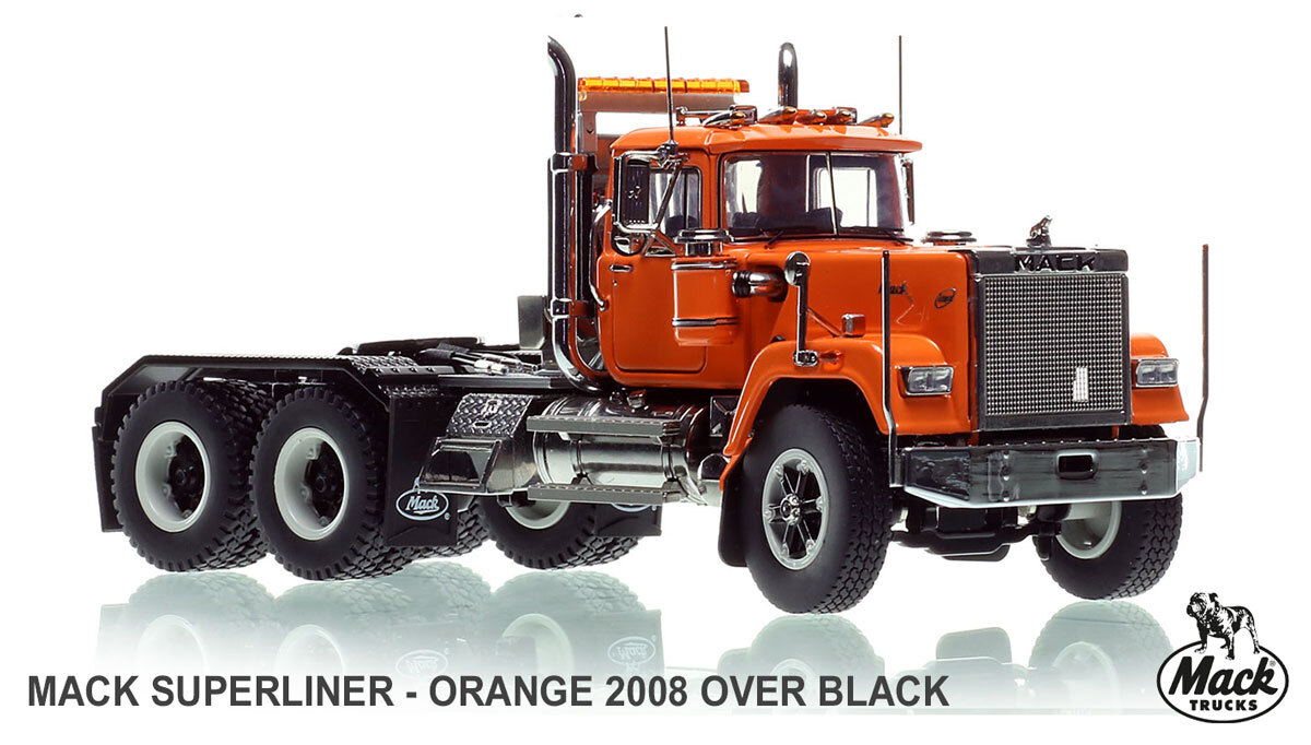 1:50 scale diecast model of  Mack Superliner Heavy Spec Tandem Axle Tractor - Orange over Black