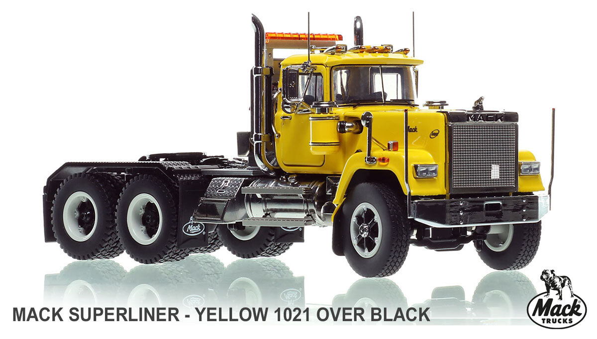 1:50 scale model of Mack Superliner Heavy Spec Tandem Axle Tractor - Yellow 1021 over Black