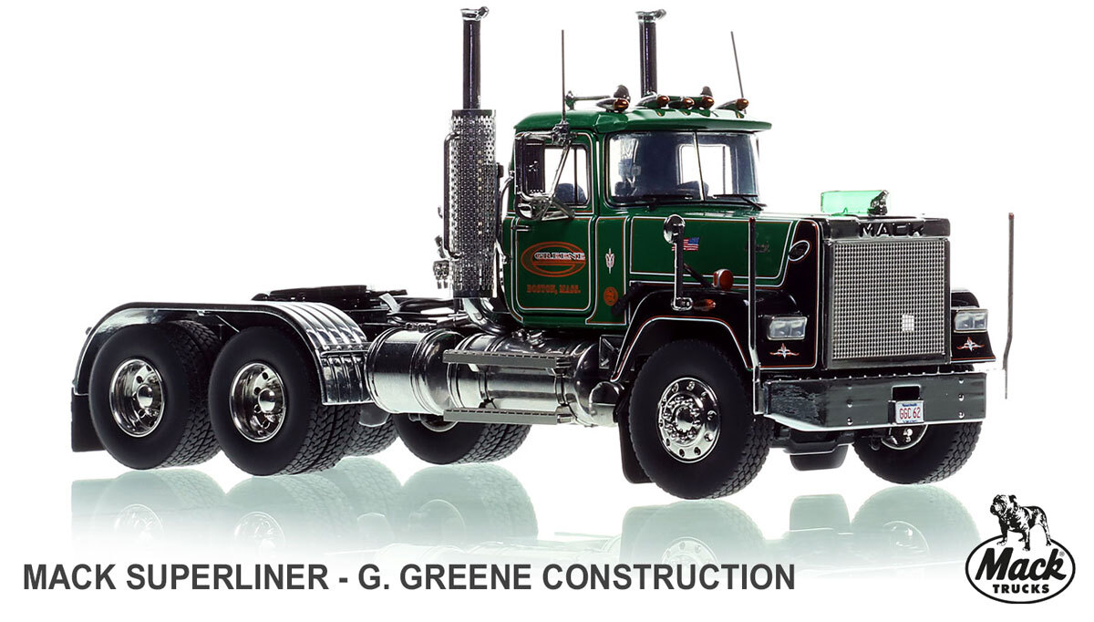 1:50 scale model of G. Greene Construction 1986 Mack Superliner Tandem Axle Tractor