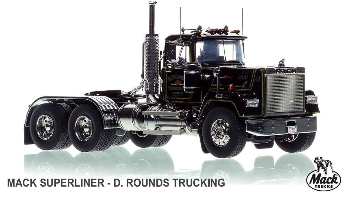 1:50 scale model of D. Rounds Trucking 1988 Mack Superliner Tandem Axle Tractor
