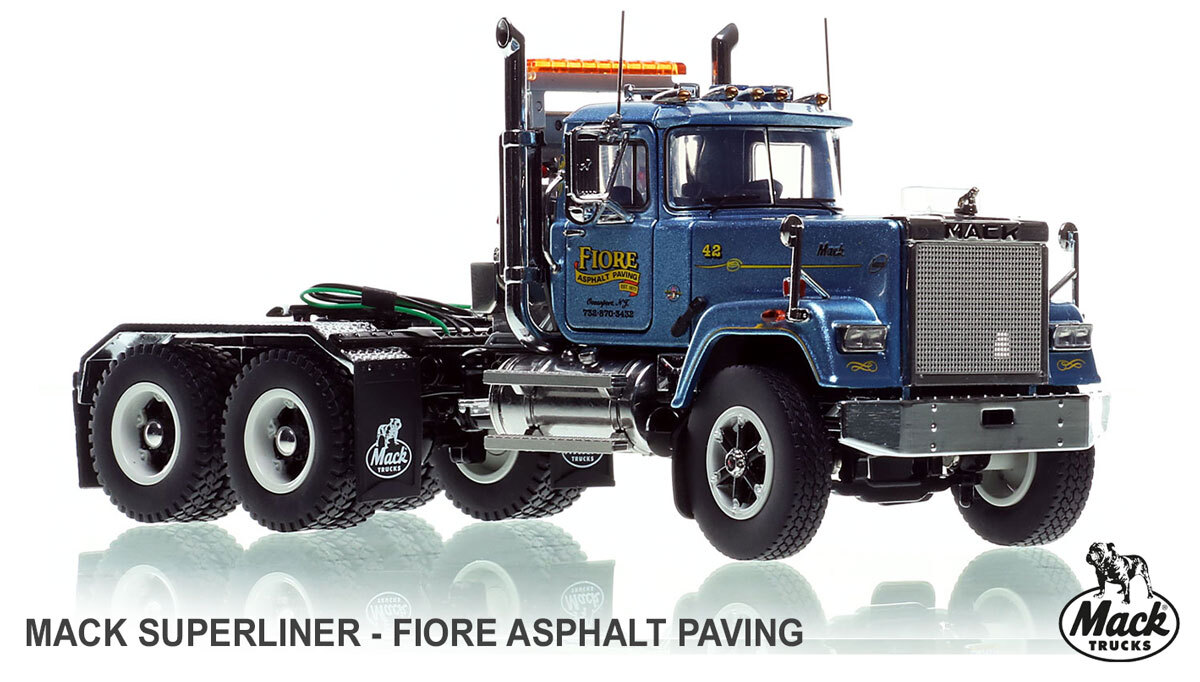 1:50 scale model of Fiore Asphalt Paving 1989 Mack RW713 Superliner