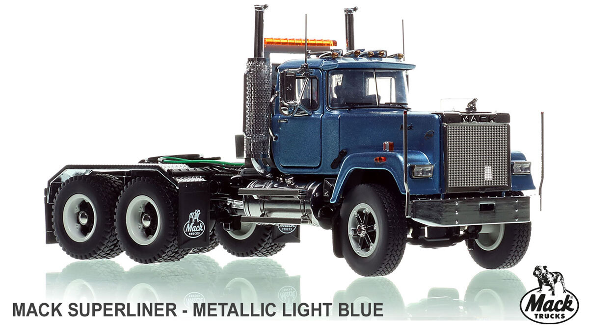 1:50 scale model of Mack Superliner Heavy Spec Tandem Axle Tractor - Metallic Light Blue