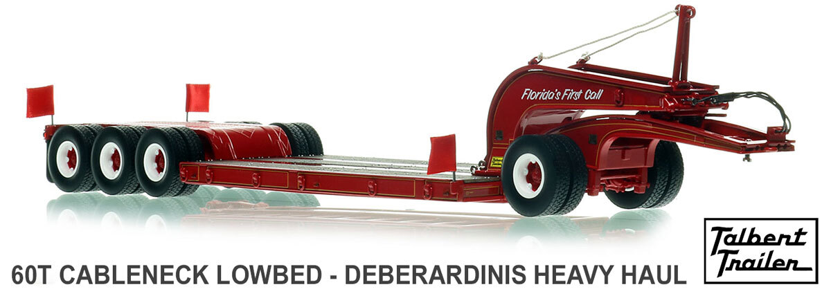 1:50 scale model of 1960s Talbert 60-Ton Cableneck Lowbed with Single-Axle Dolly - DeBerardinis Heavy Haul