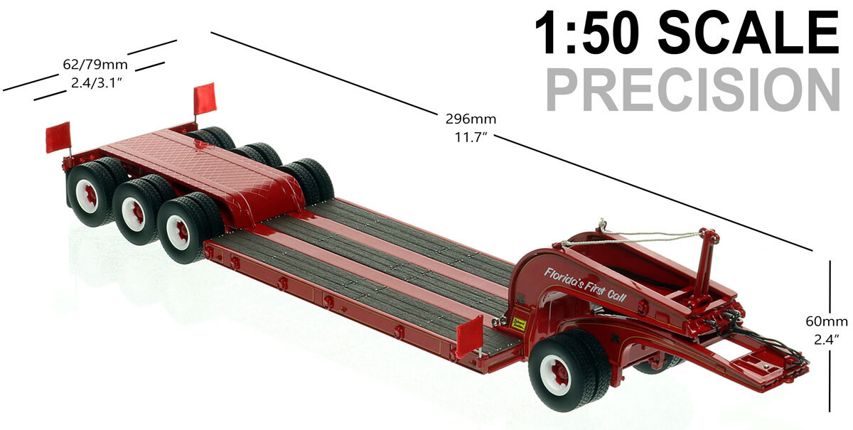1:50 scale diecast model of 1960s Talbert 60-Ton Cableneck Lowbed with Single-Axle Dolly - DeBerardinis Heavy Haul