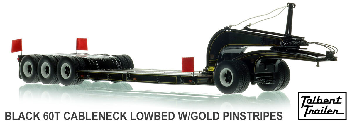 1:50 Scale Diecast Model of 1960s Talbert 60-Ton Cableneck Lowbed with Single-Axle Dolly - Black with Gold Pinstripes