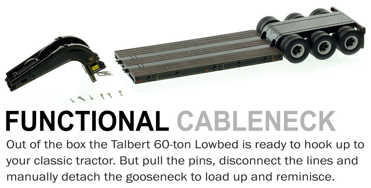 Functionality of 1:50 scale 1960s Talbert 60-Ton Cableneck Lowbed with Single-Axle Dolly - Black with Gold Pinstripes