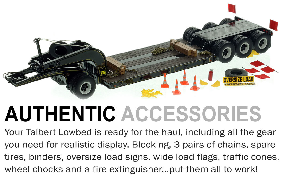 Accessories included with 1:50 scale 1960s Talbert 60-Ton Cableneck Lowbed with Single-Axle Dolly - Black with Gold Pinstripes