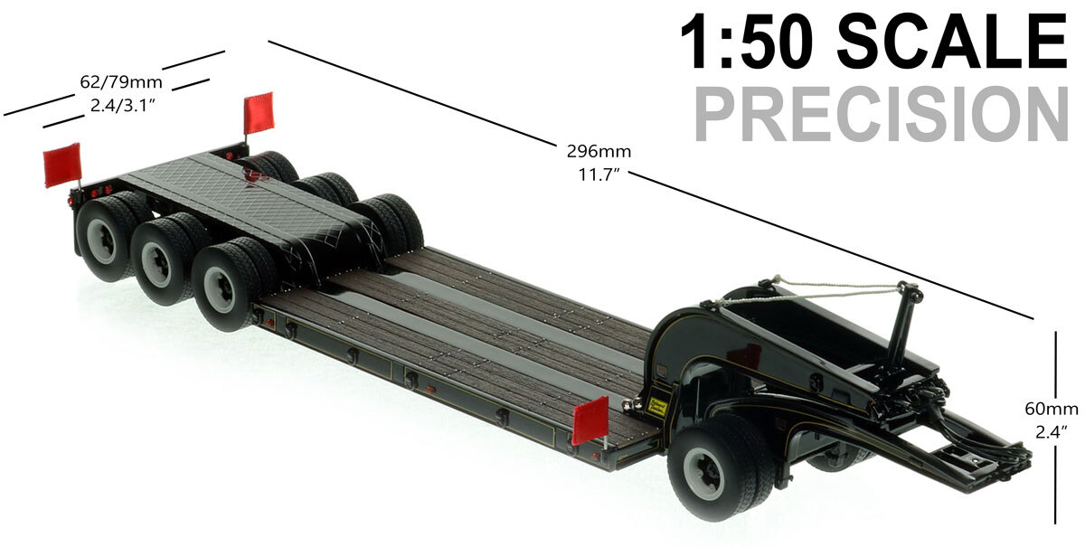 Dimensions of 1:50 scale 1960s Talbert 60-Ton Cableneck Lowbed with Single-Axle Dolly - Black with Gold Pinstripes