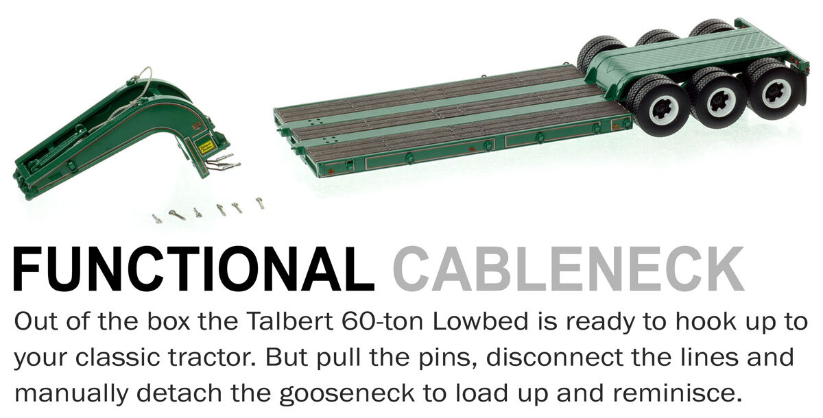 Functionality of 1:50 scale 1960s Talbert 60-Ton Cableneck Lowbed with Single-Axle Dolly - Greene Const. Green