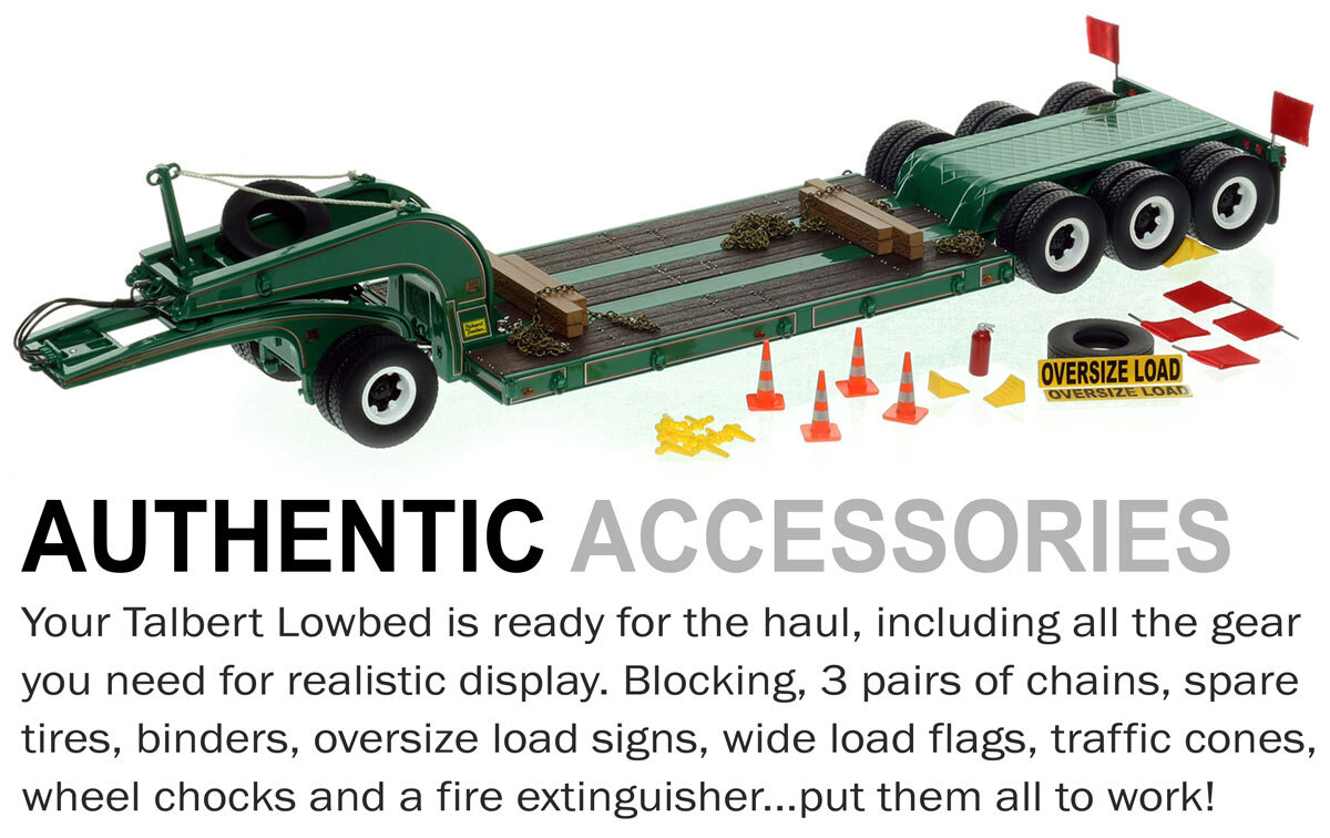 Accessories included with 1:50 scale 1960s Talbert 60-Ton Cableneck Lowbed with Single-Axle Dolly - Greene Const. Green