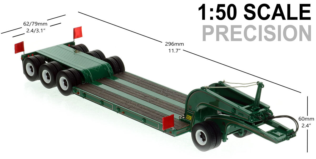 Dimensions of 1:50 scale 1960s Talbert 60-Ton Cableneck Lowbed with Single-Axle Dolly - Greene Const. Green