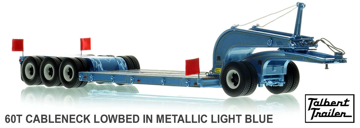 1:50 scale diecast model of 1960s Talbert 60-Ton Cableneck Lowbed with Single-Axle Dolly - Metallic Light Blue
