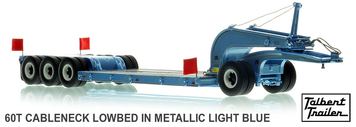 1:50 scale model of  1960s Talbert 60-Ton Cableneck Lowbed with Single-Axle Dolly - Metallic Light Blue