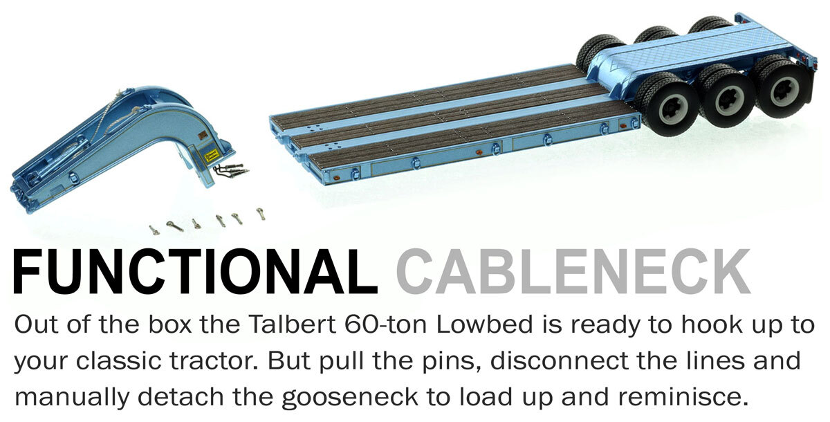 Functionality of 1:50 scale 1960s Talbert 60-Ton Cableneck Lowbed with Single-Axle Dolly - Metallic Light Blue