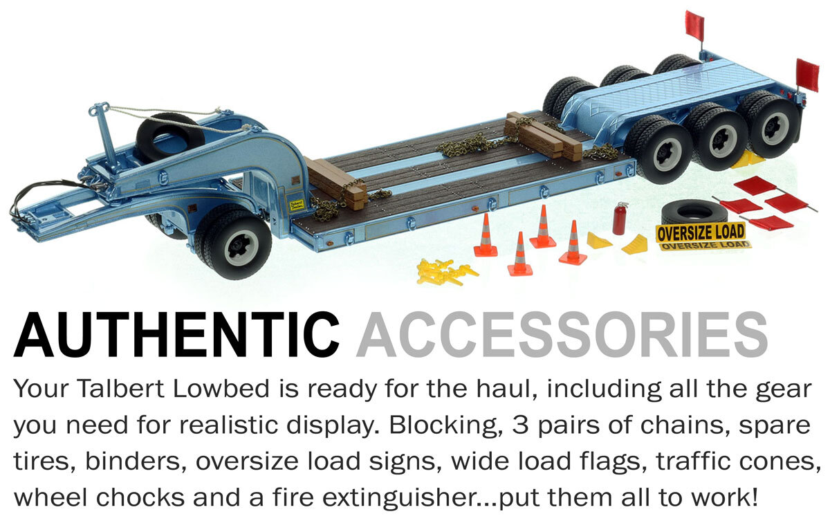 Accessories of 1:50 scale 1960s Talbert 60-Ton Cableneck Lowbed with Single-Axle Dolly - Metallic Light Blue
