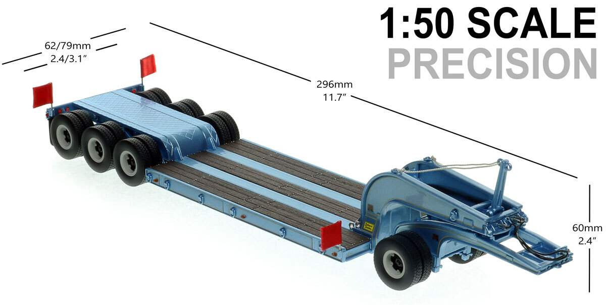 Dimensions of 1:50 scale 1960s Talbert 60-Ton Cableneck Lowbed with Single-Axle Dolly - Metallic Light Blue
