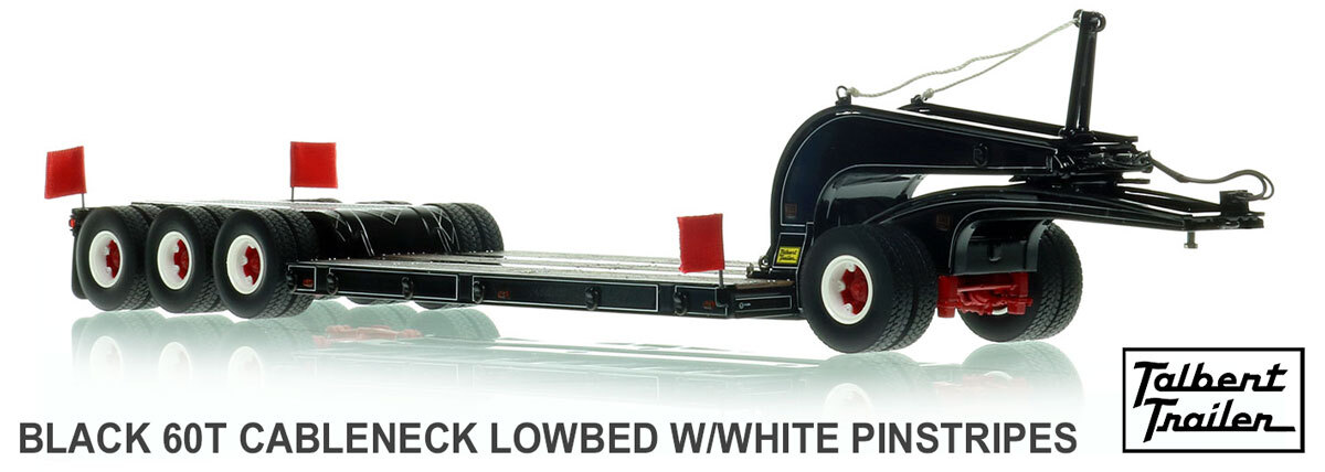 1:50 scale model of 1960s Talbert 60-Ton Cableneck Lowbed with Single-Axle Dolly - Black with White Pinstripes