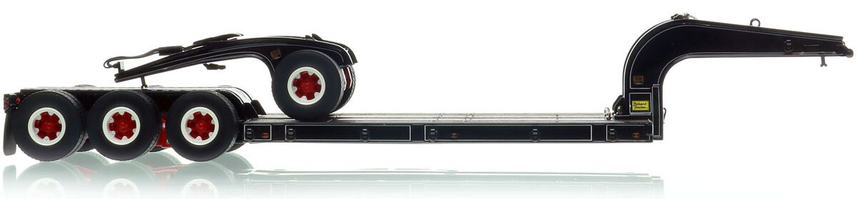 1:50 scale diecast model of 1960s Talbert 60-Ton Cableneck Lowbed with Single-Axle Dolly - Black with White Pinstripes