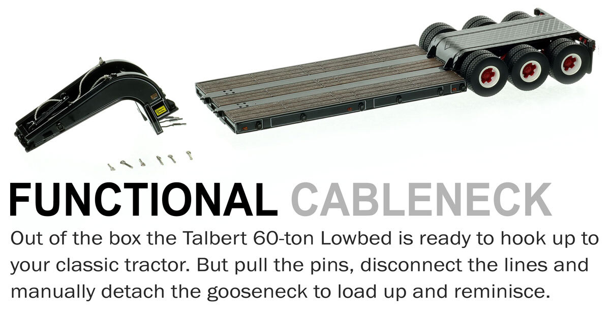 Functionality of 1:50 scale  1960s Talbert 60-Ton Cableneck Lowbed with Single-Axle Dolly - Black with White Pinstripes