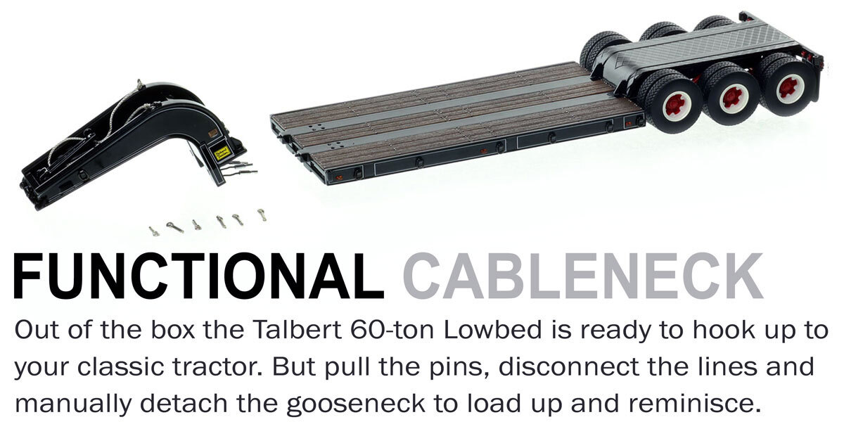 Functionality of 1:50 scale  1960s Talbert 60-Ton Cableneck Lowbed with Single-Axle Dolly - Black with White Pinstripes