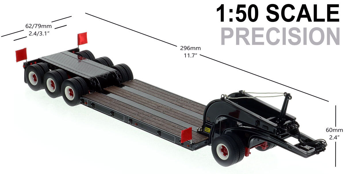 Dimensions of 1:50 scale  1960s Talbert 60-Ton Cableneck Lowbed with Single-Axle Dolly - Black with White Pinstripes