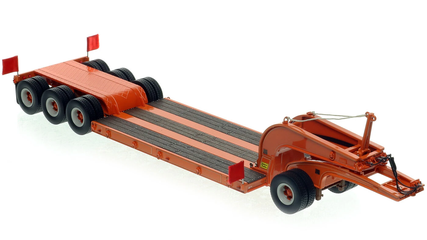 1:50 Scale Diecast Model of 1960s Talbert 60-Ton Cableneck Lowbed with Single-Axle Dolly - D. Mauro Orange