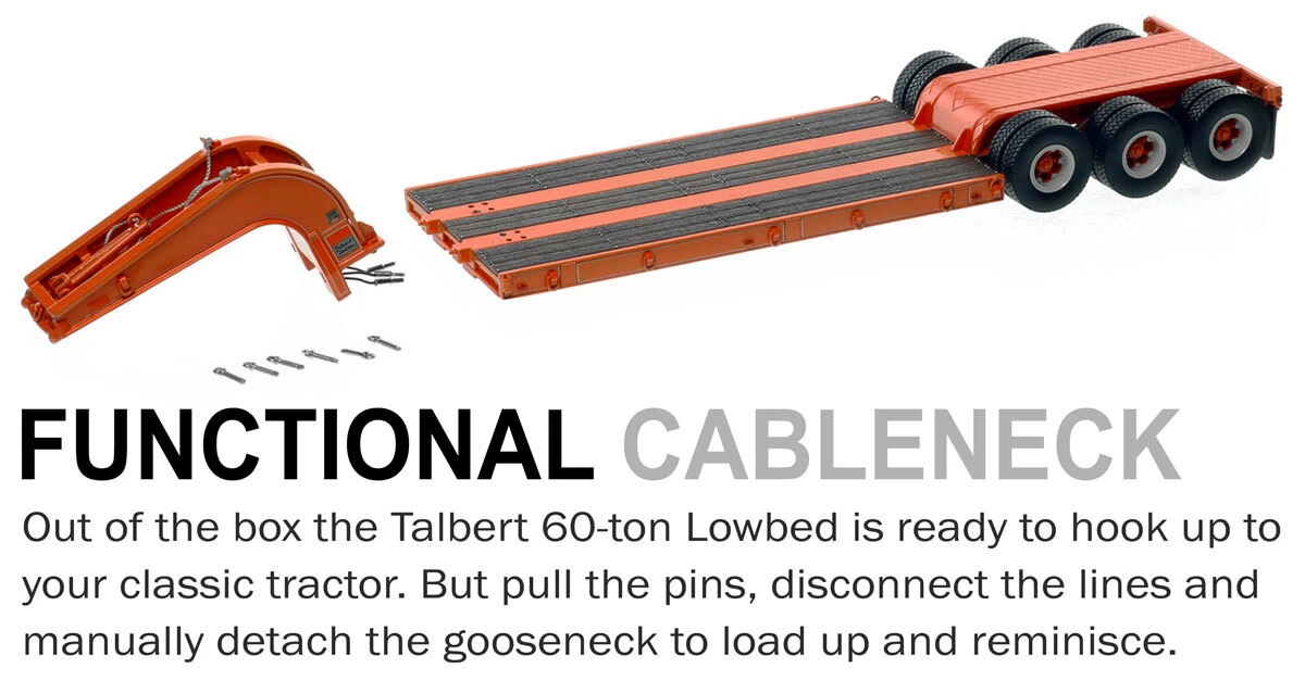 Functionality of 1:50 scale 1960s Talbert 60-Ton Cableneck Lowbed with Single-Axle Dolly - D. Mauro Orange