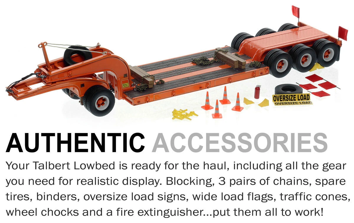 Accessories included with 1:50 scale 1960s Talbert 60-Ton Cableneck Lowbed with Single-Axle Dolly - D. Mauro Orange