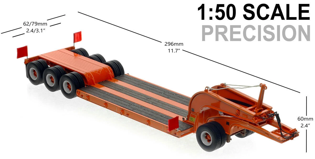 Dimensions of 1:50 scale 1960s Talbert 60-Ton Cableneck Lowbed with Single-Axle Dolly - D. Mauro Orange
