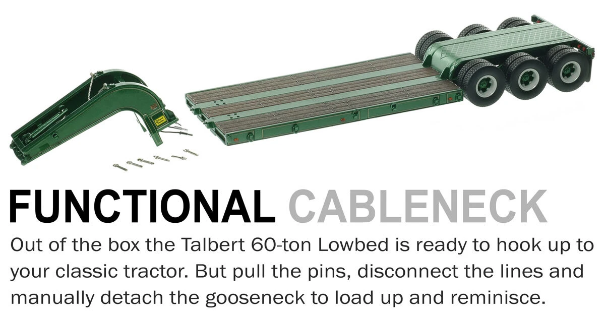 Functionality of 1:50 scale 1960s Talbert 60-Ton Cableneck Lowbed with Single-Axle Dolly - B. Lawler Green