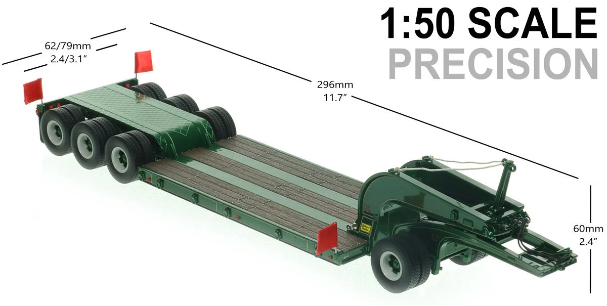 Dimensions of 1:50 scale 1960s Talbert 60-Ton Cableneck Lowbed with Single-Axle Dolly - B. Lawler Green
