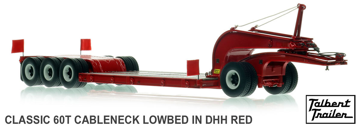 1:50 scale model of 1960s Talbert 60-Ton Cableneck Lowbed with Single-Axle Dolly - DHH Red