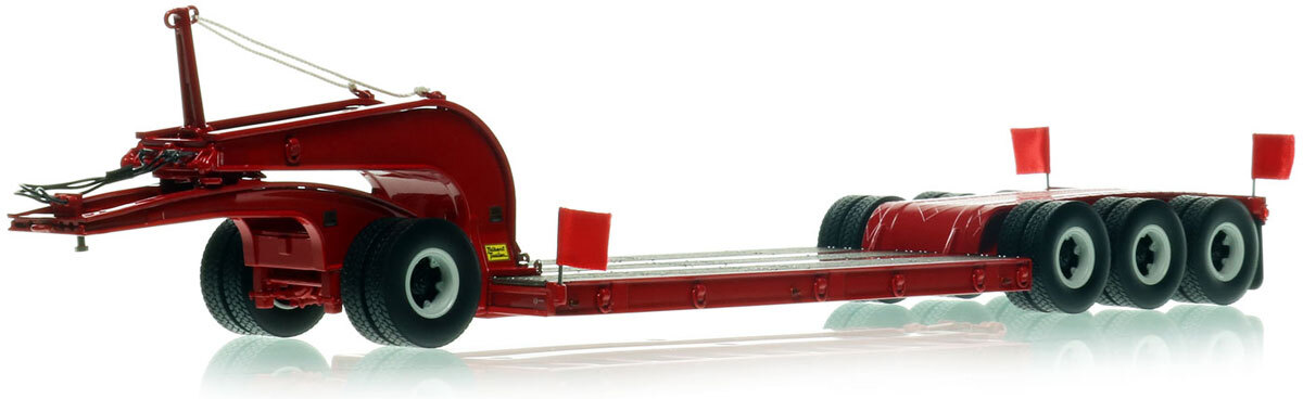 1:50 scale diecast model of 1960s Talbert 60-Ton Cableneck Lowbed with Single-Axle Dolly - DHH Red