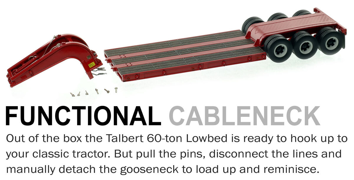 Functionality of 1:50 scale 1960s Talbert 60-Ton Cableneck Lowbed with Single-Axle Dolly - DHH Red