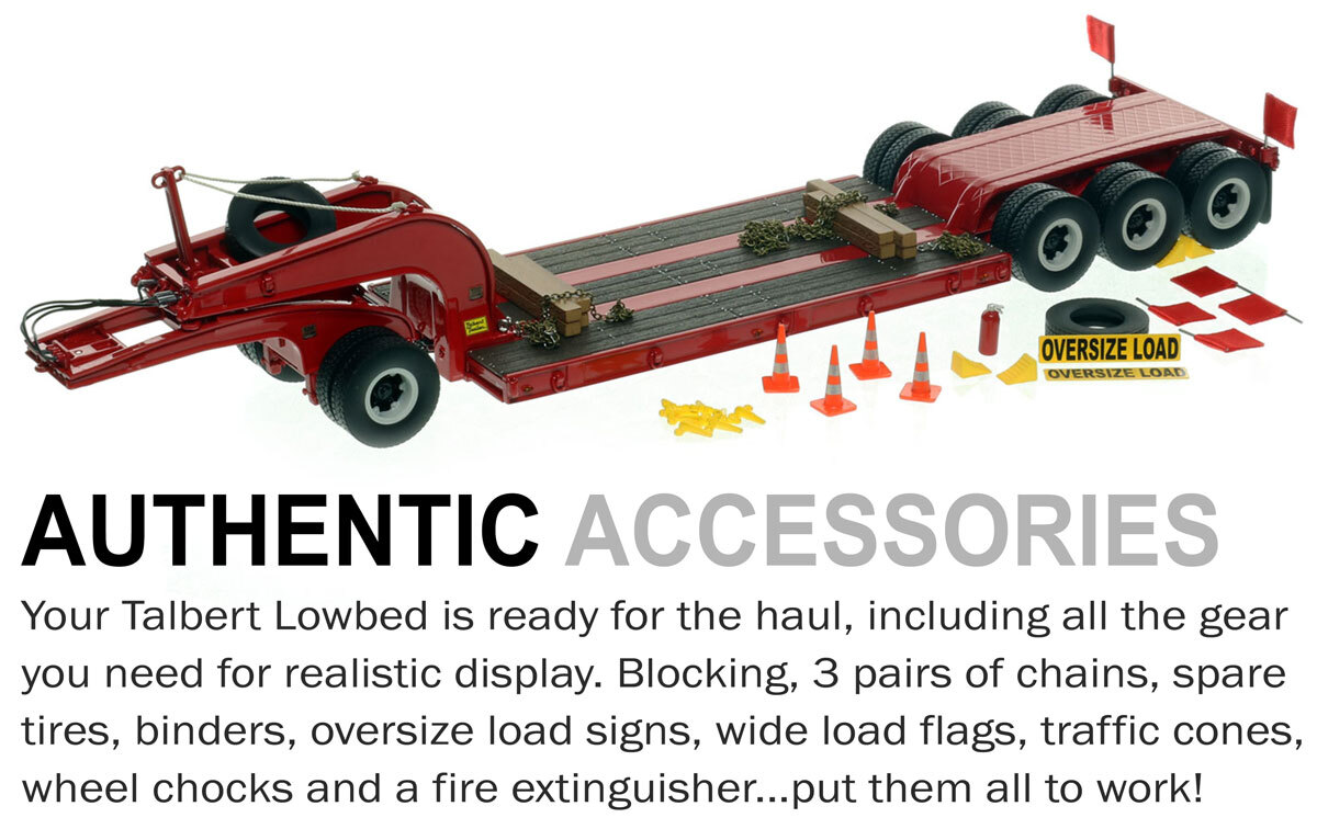 Accessories with 1:50 scale 1960s Talbert 60-Ton Cableneck Lowbed with Single-Axle Dolly - DHH Red