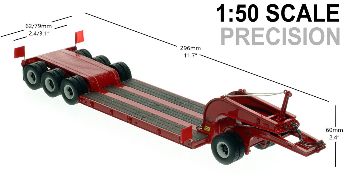 Dimensions of 1:50 scale 1960s Talbert 60-Ton Cableneck Lowbed with Single-Axle Dolly - DHH Red