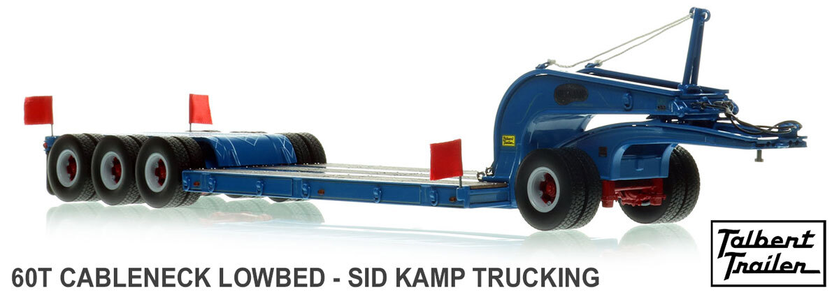 1:50 scale model of https://heavyhaulreplicas.com/1960s-talbert-60-ton-cableneck-lowbed-with-single-axle-dolly-sid-kamp-trucking/