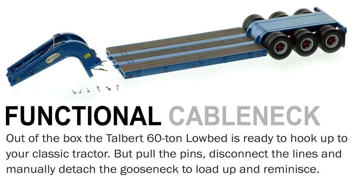 Functionality of 1:50 scale 1960s Talbert 60-Ton Cableneck Lowbed with Single-Axle Dolly - Sid Kamp Trucking