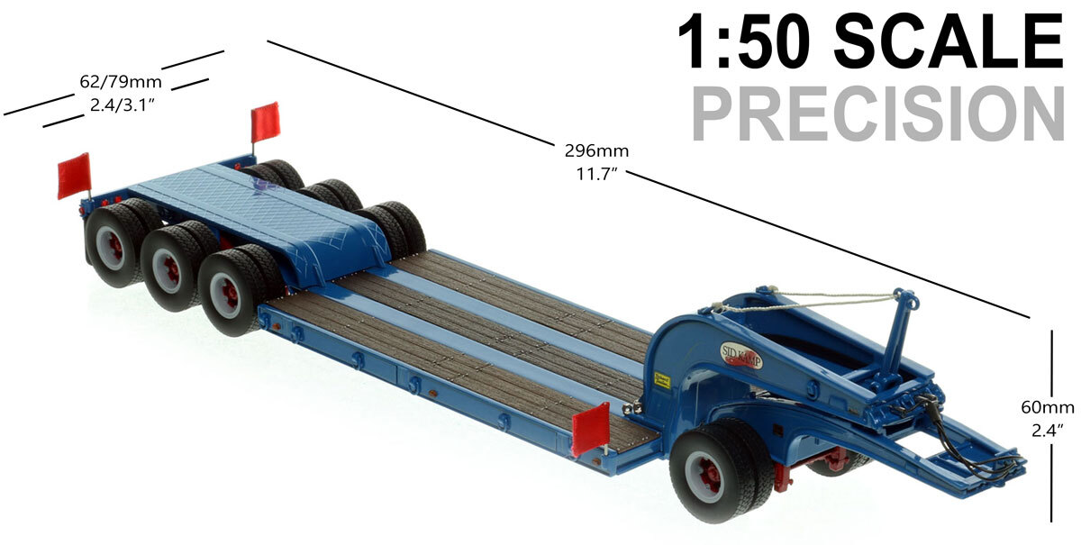 Dimensions of 1:50 scale 1960s Talbert 60-Ton Cableneck Lowbed with Single-Axle Dolly - Sid Kamp Trucking