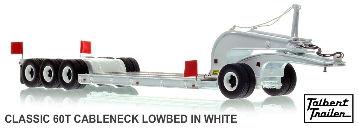 1:50 Scale Model of 1960s Talbert 60-Ton Cableneck Lowbed with Single-Axle Dolly - White 9003