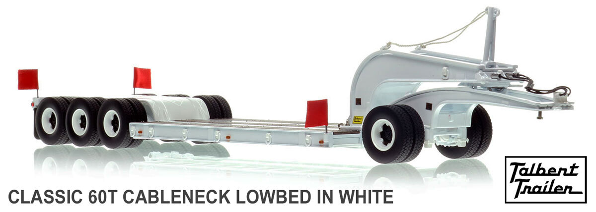 1:50 scale diecast model of 1960s Talbert 60-Ton Cableneck Lowbed with Single-Axle Dolly - White 9003