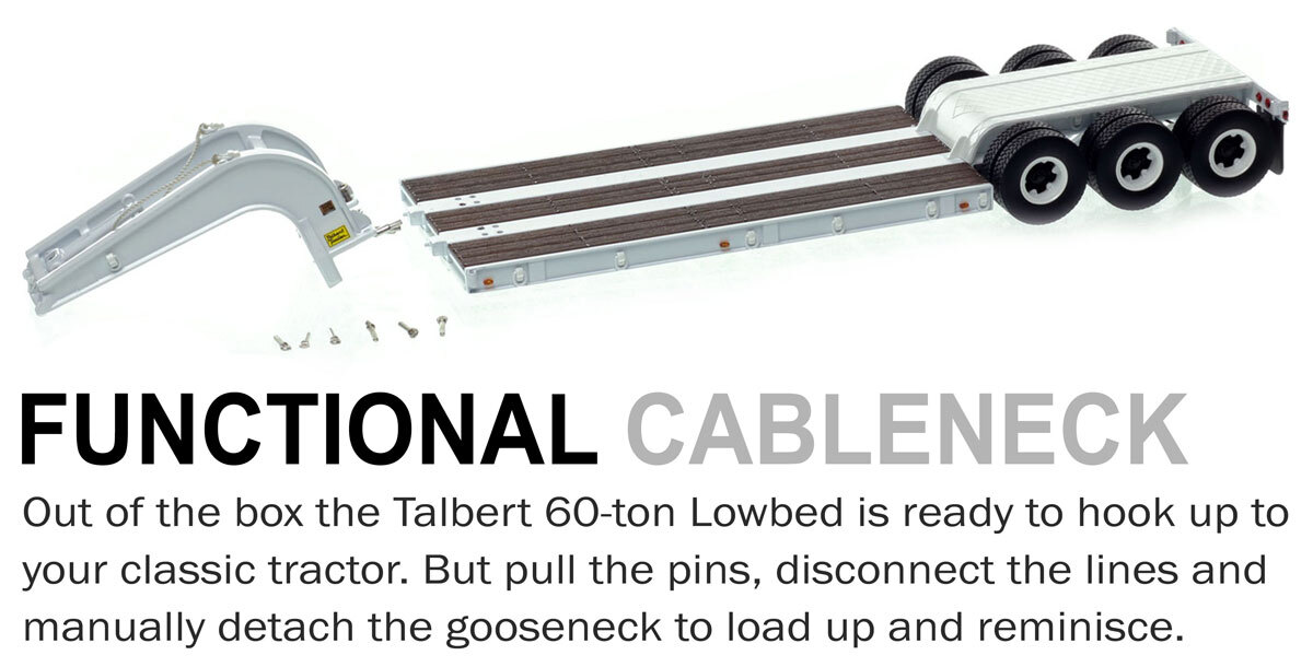 Functionality of 1:50 scale 1960s Talbert 60-Ton Cableneck Lowbed with Single-Axle Dolly - White 9003