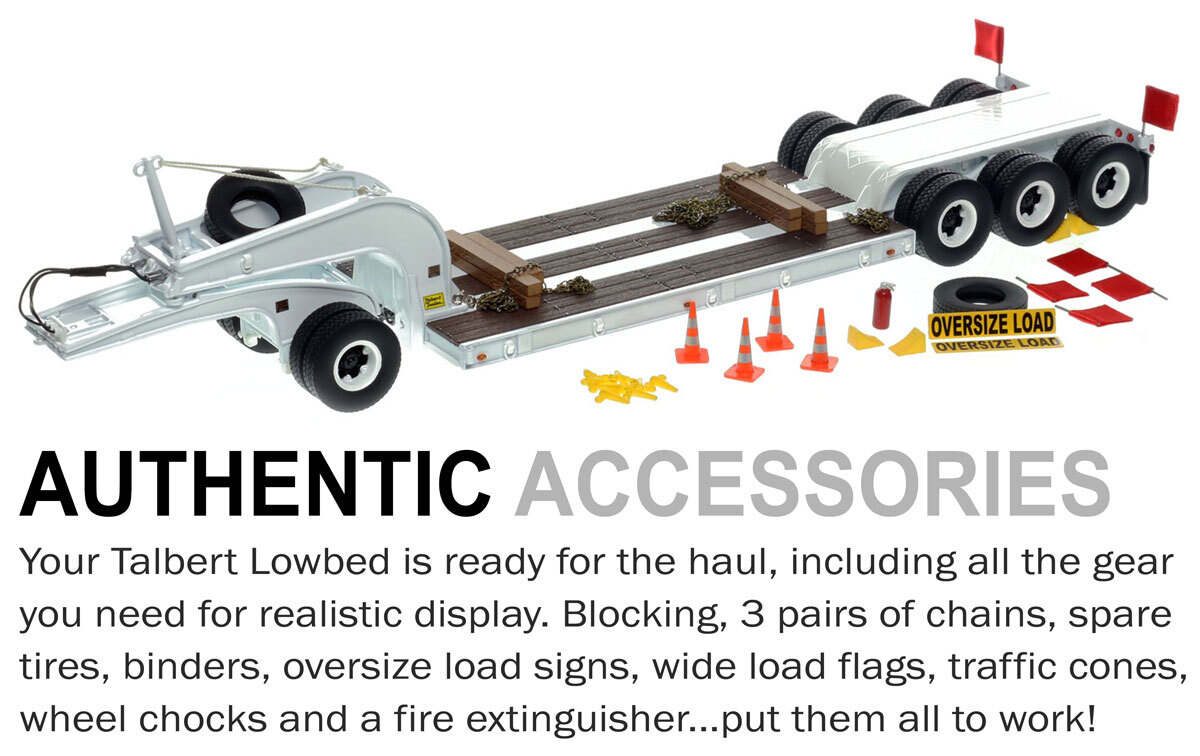 Accessories included with 1:50 scale 1960s Talbert 60-Ton Cableneck Lowbed with Single-Axle Dolly - White 9003