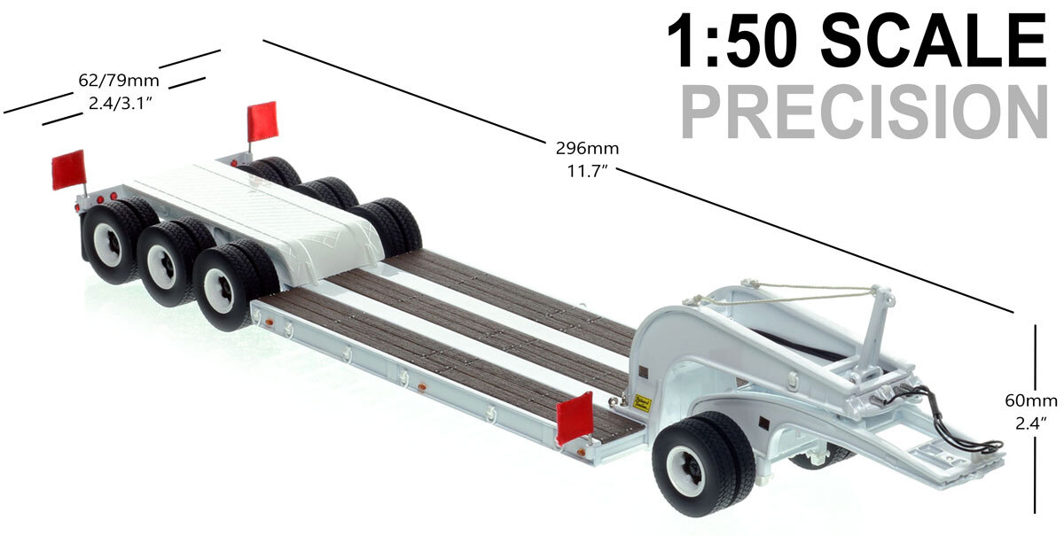 Dimensions of 1:50 scale 1960s Talbert 60-Ton Cableneck Lowbed with Single-Axle Dolly - White 9003