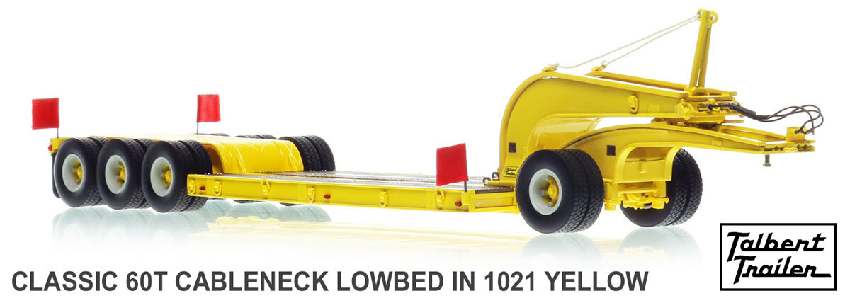 1:50 scale model of 1960s Talbert 60-Ton Cableneck Lowbed with Single-Axle Dolly - Yellow 1021