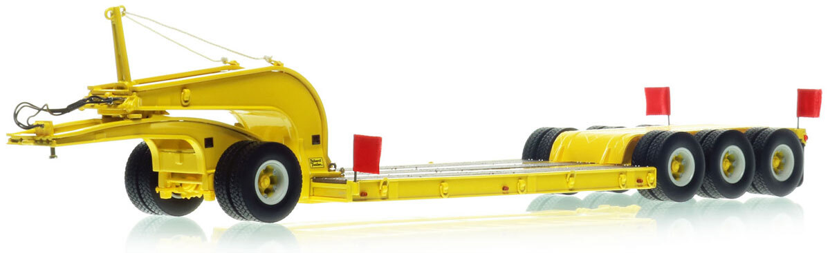 1:50 scale diecast model of 1960s Talbert 60-Ton Cableneck Lowbed with Single-Axle Dolly - Yellow 1021
